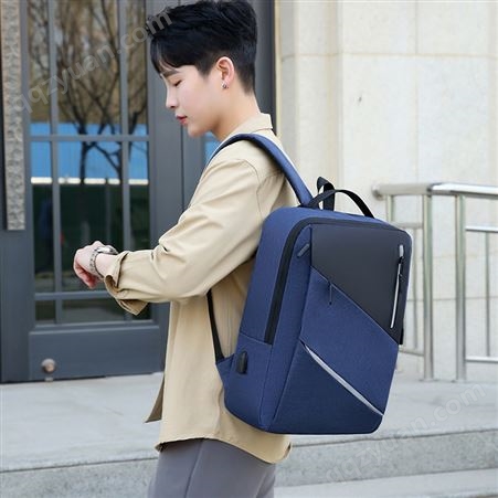 新款学生党男士商务电脑包USB充电学生时尚双肩包书包可印logo